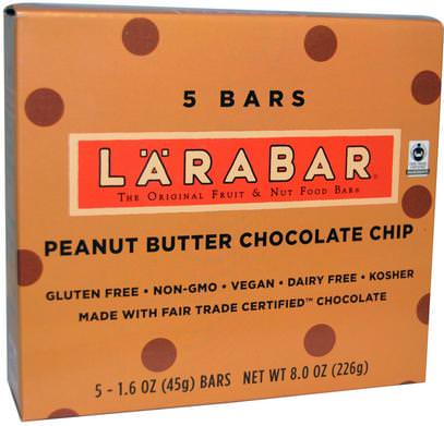 Larabar, Peanut Butter Chocolate Chip, 5 Bars, 1.6 oz (45 g) Each ,لارابار، الطعام، الوجبات الصحية الصحية، الحانات الغذائية
