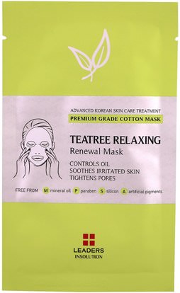 Leaders, Teatree Relaxing Renewal Mask, 1 Mask, 25 ml ,الجمال، أقنعة الوجه، أقنعة ورقة