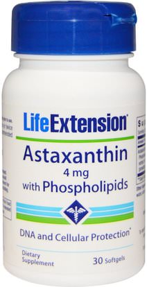 Life Extension, Astaxanthin, with Phospholipids, 4 mg, 30 Softgels ,المكملات الغذائية، مضادات الأكسدة، أستازانتين