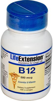 Life Extension, B-12, 500 mcg, 100 Lozenges ,الفيتامينات، وفيتامين ب، وفيتامين ب 12، وفيتامين ب 12 - سيانوكوبالامين