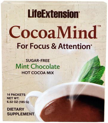 Life Extension, CocoaMind, Mint Chocolate, 14 Packets, 6.52 oz (185 g) ,المكملات الغذائية، الصحة، اضطراب نقص الانتباه، إضافة، أدهد