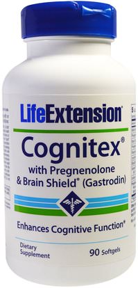 Life Extension, Cognitex with Pregnenolone & Brain Shield (Gastrodin), 90 Softgels ,المكملات الغذائية، بريغنينولون، ألفا غك (غليسيروفوسفوكولين)