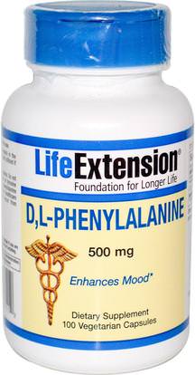 Life Extension, D, L-Phenylalanine, 500 mg, 100 Veggie Caps ,المكملات الغذائية، والأحماض الأمينية، ل فينيلالانين، دل فينيلالانين (دلبا)
