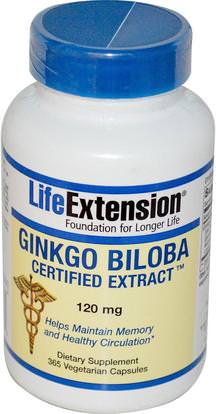 Life Extension, Ginkgo Biloba, Certified Extract, 120 mg, 365 Veggie Caps ,الصحة، اضطراب نقص الانتباه، إضافة، أدهد، الدماغ، الذاكرة، الأعشاب، الجنكة بيلوبا