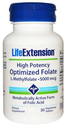 Life Extension, High Potency Optimized Folate, 5000 mcg, 30 Veggie Tabs ,الفيتامينات، حمض الفوليك، 5-مثف حمض الفوليك (5 الميثيل رباعي هيدرولوفولات)