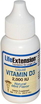 Life Extension, Liquid Vitamin D3, Natural Mint Flavor, 2,000 IU, 1 fl oz (29.57 ml) ,الفيتامينات، فيتامين d3