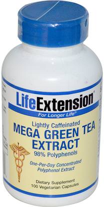 Life Extension, Mega Green Tea Extract, Lightly Caffeinated, 100 Veggie Caps ,المكملات الغذائية، مضادات الأكسدة، الأخضر استخراج حبة البن، الشاي الأخضر