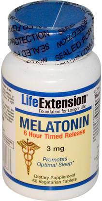 Life Extension, Melatonin, 6 Hour Timed Release, 3 mg, 60 Veggie Tabs ,والمكملات الغذائية، والنوم، الميلاتونين