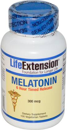 Life Extension, Melatonin, 6 Hour Timed Release, 300 mcg, 100 Veggie Tabs ,والمكملات الغذائية، والنوم، الميلاتونين