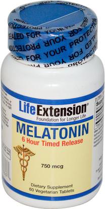 Life Extension, Melatonin, 6 Hour Timed Release, 750 mcg, 60 Veggie Tabs ,والمكملات الغذائية، والنوم، الميلاتونين