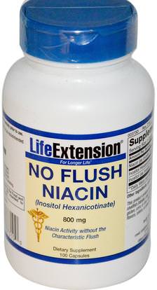 Life Extension, No Flush Niacin, 800 mg, 100 Capsules ,الفيتامينات، فيتامين ب، فيتامين b3، النياسين دافق مجانا