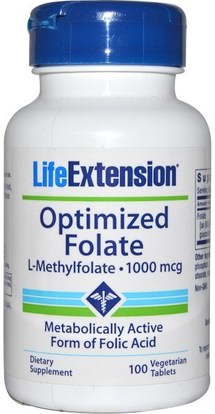 Life Extension, Optimized Folate, 1000 mcg, 100 Veggie Tabs ,الفيتامينات، حمض الفوليك، 5-مثف حمض الفوليك (5 الميثيل رباعي هيدرولوفولات)
