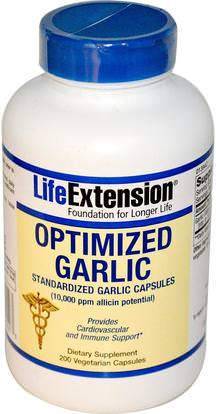Life Extension, Optimized Garlic, Standardized Garlic Capsules, 200 Veggie Caps ,المكملات الغذائية، المضادات الحيوية، الثوم، الصحة، ضغط الدم