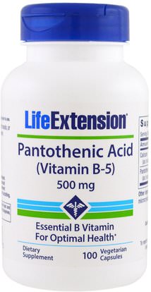 Life Extension, Pantothenic Acid, (Vitamin B-5), 500 mg, 100 Veggie Caps ,الفيتامينات، فيتامين ب، فيتامين b5 - حمض البانتوثنيك