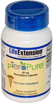 Life Extension, pTeroPure, Pterostilbene, 50 mg, 60 Veggie Caps ,المكملات الغذائية، مضادات الأكسدة، بتيروستيلبين