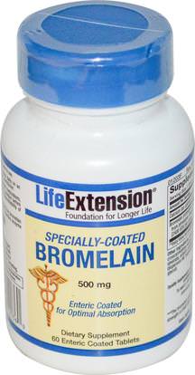 Life Extension, Specially-Coated Bromelain, 500 mg, 60 Enteric Coated Tablets ,والمكملات الغذائية، والإنزيمات، بروميلين، والصحة