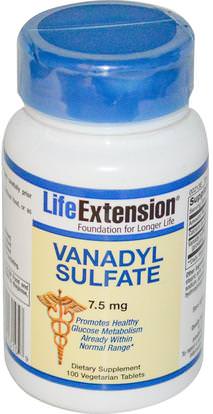 Life Extension, Vanadyl Sulfate, 7.5 mg, 100 Veggie Tabs ,الصحة، نسبة السكر في الدم، المكملات الغذائية، فاناديوم كبريتات الفاناديوم
