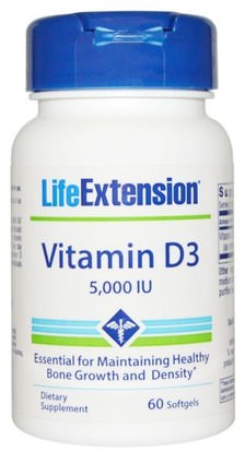 Life Extension, Vitamin D3, 5,000 IU, 60 Softgels ,الفيتامينات، فيتامين d3