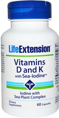 Life Extension, Vitamins D and K, with Sea-Iodine, 60 Capsules ,الفيتامينات، فيتامين d3، فيتامين k