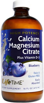 Life Time, High Potency Calcium Magnesium Citrate, Plus Vitamin D-3, Blueberry, 16 fl oz (473 ml) ,والمكملات الغذائية، والمعادن، والكالسيوم والمغنيسيوم