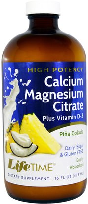 Life Time, High Potency Calcium Magnesium Citrate, Plus Vitamin D-3, Pina Colada, 16 fl oz (473 ml) ,والمكملات الغذائية، والمعادن، والكالسيوم والمغنيسيوم