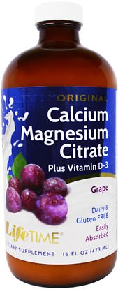 Life Time, Original Calcium Magnesium Citrate Plus Vitamin D-3, Grape Flavor, 16 fl oz (473 ml) ,والمكملات الغذائية، والمعادن، والكالسيوم والمغنيسيوم