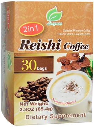 Longreen Corporation, 2 in 1 Reishi Coffee, Reishi Mushroom & Columbian Coffee, 30 Bags, 2.3 oz (65.4 g) Each ,الغذاء، القهوة، القهوة الفورية، المكملات الغذائية، أدابتوغن