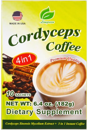 Longreen Corporation, 4 in 1 Cordyceps Coffee, 10 Sachets, 6.4 oz (182 g) ,الغذاء، القهوة، القهوة الفورية، المكملات الغذائية، الفطر الطبية