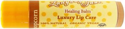 LuxeBeauty, LadyBug Jane, Healing Lip Balm, Caramel Popcorn, 0.14 oz (4 g) ,حمام، الجمال، العناية الشفاه، بلسم الشفاه