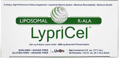 LypriCel, Liposomal R-ALA, 30 Packets, 0.2 fl oz (5.7 ml) Each ,المكملات الغذائية، مضادات الأكسدة، حمض الليبويك ألفا، حمض الليبويك r