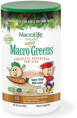 Macrolife Naturals, Macro Coco Greens, Chocolate SuperFood for Kids, 3.3 oz (95 g) ,المكملات الغذائية، سوبرفوودس، الخضر