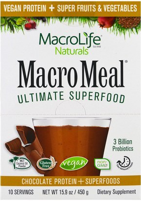 Macrolife Naturals, MacroMeal Ultimate Superfood, Chocolate Protein + Superfoods, 10 Packets, 15.9 oz (450 g) ,والمكملات الغذائية، والبروتين