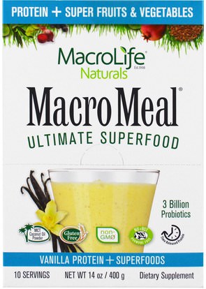 Macrolife Naturals, MacroMeal Ultimate Superfood, Vanilla Protein + Superfoods, 10 Packets, 1.4 oz (40 g) Each ,والمكملات الغذائية، والبروتين