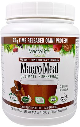 Macrolife Naturals, MacroMeal, Chocolate Protein + Superfoods, 44.4 oz (1,260 g) ,والمكملات الغذائية، والبروتين، سوبرفوودس