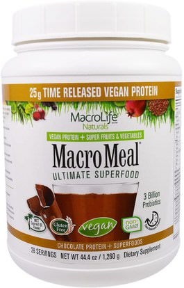 Macrolife Naturals, MacroMeal, Vegan, Chocolate Protein + Superfoods, 44.4 oz (1,260 g) ,والمكملات الغذائية، والبروتين، سوبرفوودس