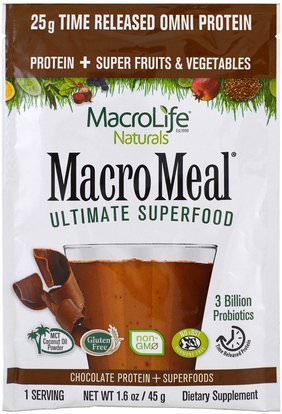 Macrolife Naturals, MacroMeal Ultimate Superfood, Chocolate Protein + Superfoods, 1.6 oz (45 g) ,والمكملات الغذائية، والبروتين