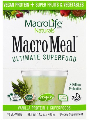 Macrolife Naturals, MacroMeal Ultimate Superfood, Vanilla Protein + Superfoods, 10 Packets, 14.5 oz (410 g) ,والمكملات الغذائية، والبروتين