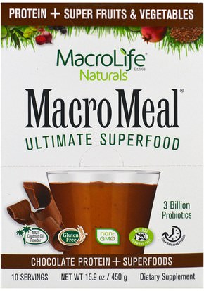 Macrolife Naturals, MacroMeal, Chocolate Protein + Superfoods, 10 Packets, 1.6 oz (45 g) Each ,والمكملات الغذائية، والبروتين