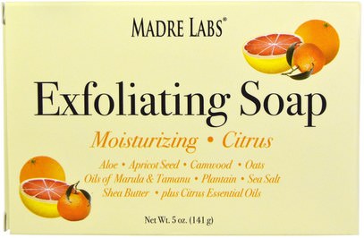 Madre Labs, Exfoliating Soap Bar with Marula & Tamanu Oils plus Shea Butter, Citrus, 5 oz (141 g) ,مختبرات مادري إكسفولياتينغ الصابون