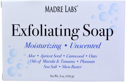 Madre Labs, Exfoliating Soap Bar with Marula & Tamanu Oils plus Shea Butter, Unscented, 5 oz (141 g) ,مختبرات مادري إكسفولياتينغ الصابون، حمام، الجمال، الصابون
