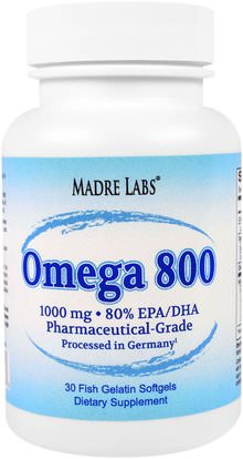 Madre Labs, Omega 800 Fish Oil, Pharmaceutical Grade, German Processed, No GMOs, No Gluten, 1000 mg, 30 Fish Gelatin Softgels ,مادر مختبرات الصيدلانية الصف الأسماك النفط والمكملات الغذائية، إفا أوميجا 3 6 9 (إيبا دا)