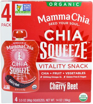 Mamma Chia, Chia Squeeze Vitality Snack, Cherry Beet, 4 Squeezes, 3.5 oz (99 g) Each ,المكملات الغذائية، إيفا أوميجا 3 6 9 (إيبا دا)، بذور شيا