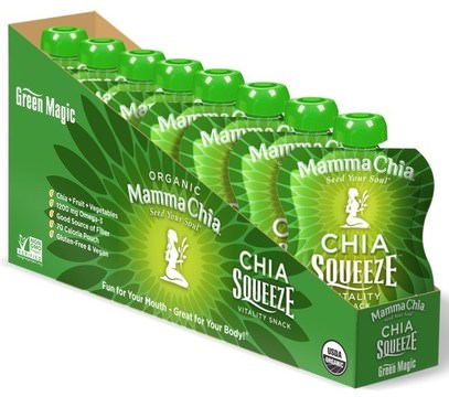 Mamma Chia, Chia Squeeze Vitality Snack, Green Magic, 8 Pouches, 3.5 oz (99 g) Each ,المكملات الغذائية، إيفا أوميجا 3 6 9 (إيبا دا)، بذور شيا