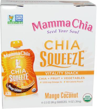 Mamma Chia, Chia Squeeze, Vitality Snack, Mango Coconut, 4 Squeezes, 3.5 oz (99 g) Each ,المكملات الغذائية، إيفا أوميجا 3 6 9 (إيبا دا)، بذور شيا