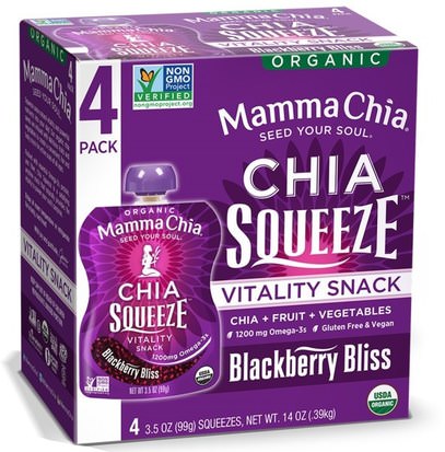 Mamma Chia, Organic Chia Squeeze, Vitality Snack, Blackberry Bliss, 4 Squeezes, 3.5 oz (99 g) Each ,المكملات الغذائية، إيفا أوميجا 3 6 9 (إيبا دا)، بذور شيا