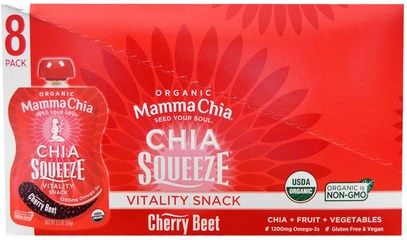 Mamma Chia, Organic Chia Squeeze, Vitality Snack, Cherry Beet, 8 Pouches, 3.5 oz (99 g) Each ,المكملات الغذائية، إيفا أوميجا 3 6 9 (إيبا دا)، بذور شيا