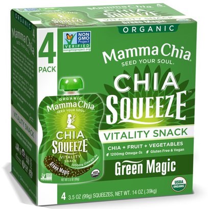 Mamma Chia, Organic Chia Squeeze, Vitality Snack, Green Magic, 4 Pouches, 3.5 oz (99 g) Each ,المكملات الغذائية، إيفا أوميجا 3 6 9 (إيبا دا)، بذور شيا