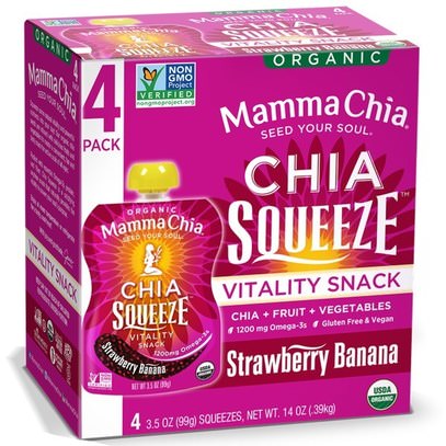 Mamma Chia, Organic Chia Squeeze, Vitality Snack, Strawberry Banana, 4 Squeezes, 3.5 oz (99 g) Each ,المكملات الغذائية، إيفا أوميجا 3 6 9 (إيبا دا)، بذور شيا