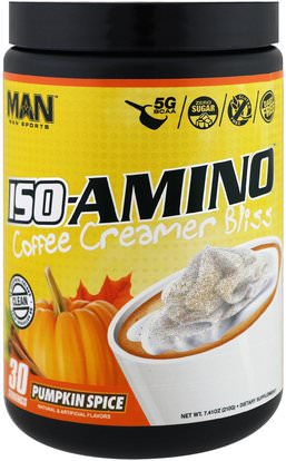 MAN Sport, LLC, ISO-Amino Coffee Creamer Bliss, Pumpkin Spice, 7.41 oz (210 g) ,والرياضة، والمكملات الغذائية، بكا (متفرعة سلسلة الأحماض الأمينية)