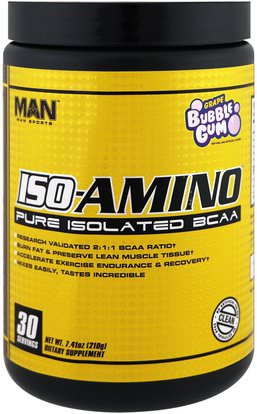 MAN Sport, LLC, ISO-Amino, Pure Isolated BCAA, Grape Bubble Gum, 7.41 oz (210 g) ,والرياضة، والمكملات الغذائية، بكا (متفرعة سلسلة الأحماض الأمينية)